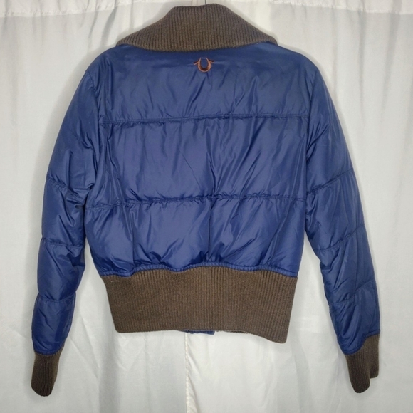 True Religion Navy & Brown Sz Large Cropped Puffer Jacket Coat - Picture 2 of 8